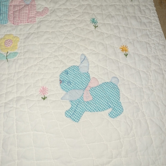 Vintage Handmade Hand Quilted Baby Quilt Dog Kitty Gingham - Picture 4 of 8